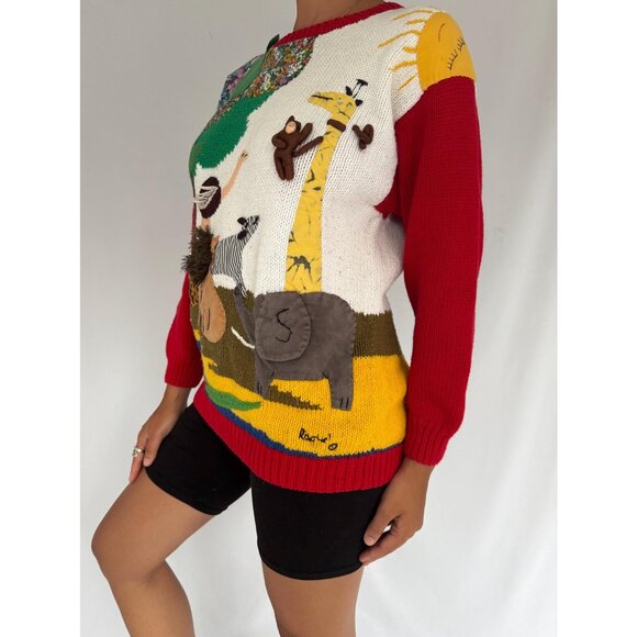 90s vintage Raquels embroidered textured 3D jungle animals hand knit sweater - Picture 4 of 10